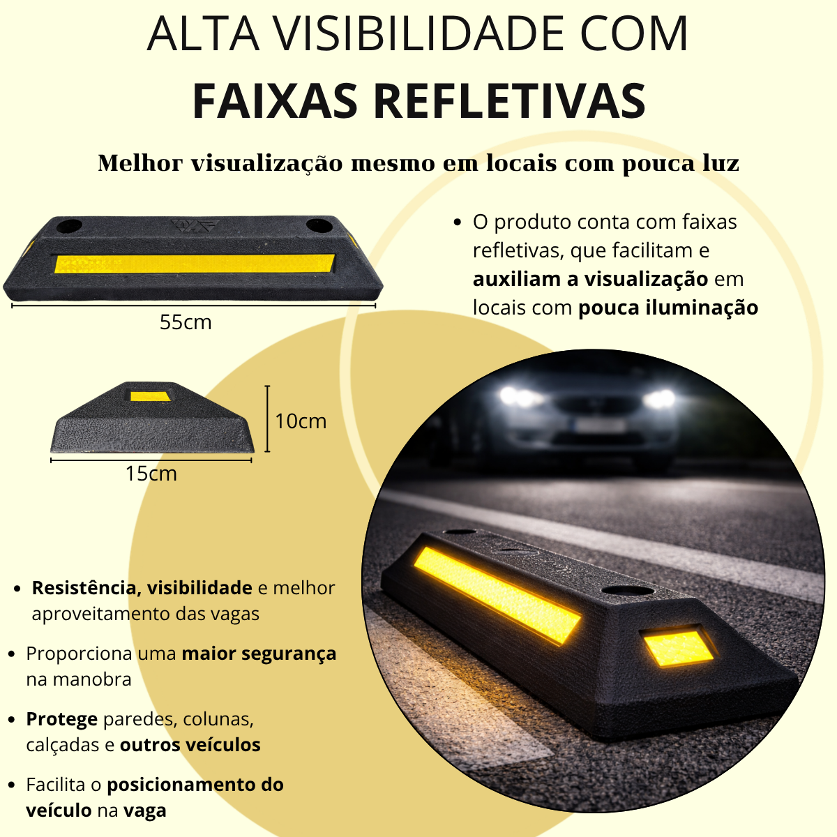 Limitador de Vaga Batente de Estacionamento 55cm Borracha com Refletivo
